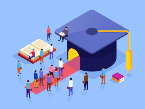 Grafik mit Studierenden vor einem großen Hut und einem Buch, symbolisiert Bildung und Zusammenarbeit an Hochschulen.