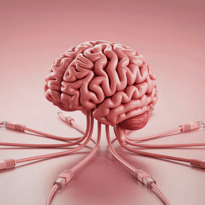 Grafik eines menschlichen Gehirns, umgeben von mehreren Ethernet-Kabeln auf einem rosa Hintergrund.