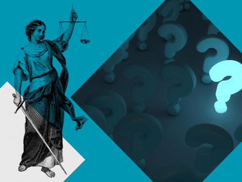 Grafik mit Justitia und Fragezeichen auf blauem Hintergrund, symbolisiert rechtliche Unsicherheiten.