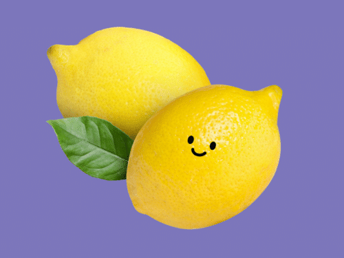 Zwei gelbe Zitronen mit einem lächelnden Gesicht und einem grünen Blatt auf lila Hintergrund.