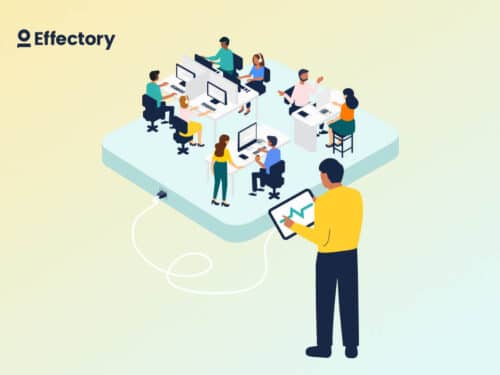 Illustration einer Büroszene mit Menschen an Computern und einer Person, die ein Tablet mit Diagramm hält.