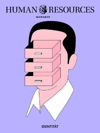 HRM 01 2026 Identität Illustration eines Mannes mit Schubladen im Gesicht, auf lila Hintergrund, Titel: "HUMAN RESOURCES MANAGER - IDENTITÄT".