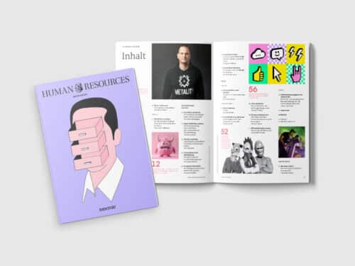 Mockup eines Magazins mit Titel "Human Resources" und Schwerpunkt auf Identität, geöffnet auf Inhaltsseite.