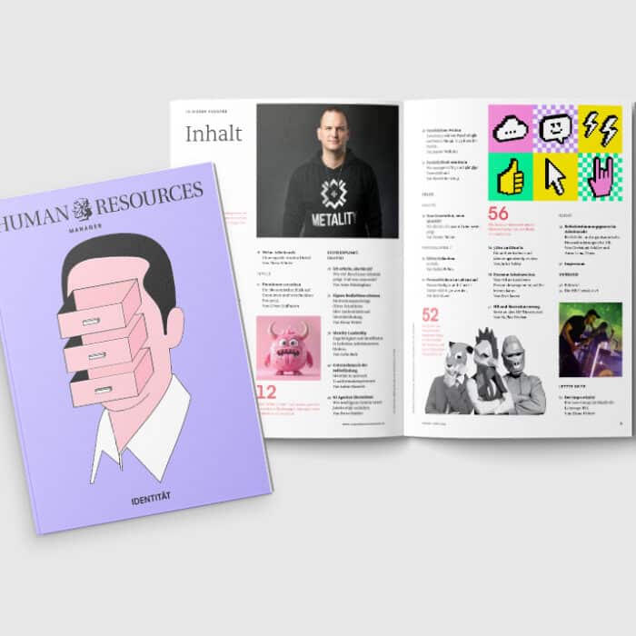 Mockup eines Magazins mit Titel "Human Resources" und Schwerpunkt auf Identität, geöffnet auf Inhaltsseite.