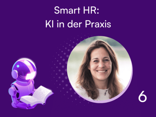 Illustration eines Roboters mit Buch und Foto einer Frau auf lila Hintergrund, Titel: Smart HR: KI in der Praxis.