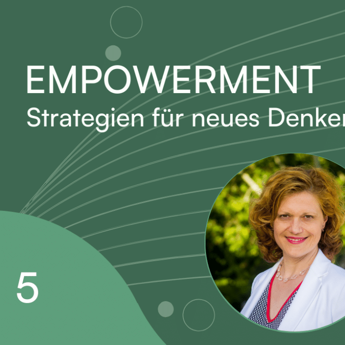 Grafik mit dem Titel "Empowerment", zeigt eine Frau in einem runden Bild, umgeben von grünen Formen und dem Text "Strateg...