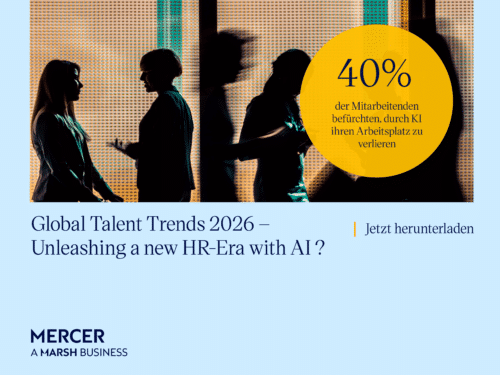 Silhouetten von zwei Personen im Gespräch, Text über Talenttrends 2026 und KI-Einfluss auf Arbeitsplätze.