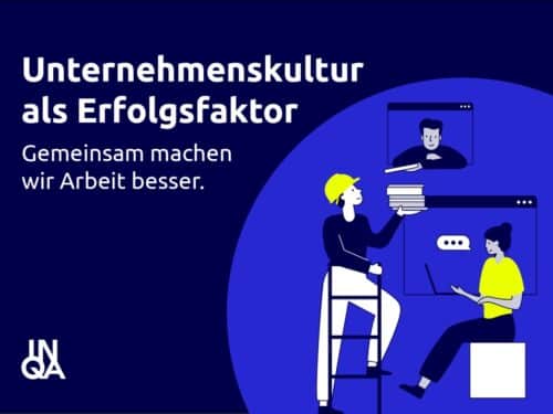 Illustration mit Menschen, die zusammenarbeiten, und dem Text: "Unternehmenskultur als Erfolgsfaktor. Gemeinsam machen wir...