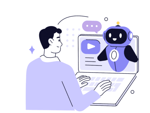 Mann sitzt vor Laptop, spricht mit einem freundlichen KI-Roboter auf dem Bildschirm.