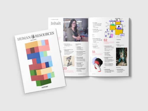 Mockup einer Zeitschrift über Personalwesen mit buntem Cover und Innenseiten, die Inhalte und Bilder zeigen.