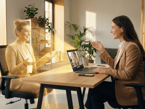 Frau im Büro spricht mit holografischer Darstellung einer anderen Frau am Laptop. Pflanzen im Hintergrund.