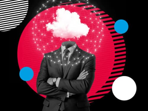 Mann im Anzug mit einem Wolken-Icon anstelle des Kopfes, umgeben von geometrischen Formen auf schwarzem Hintergrund.
