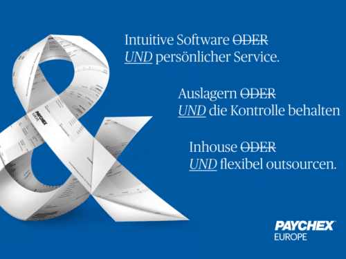 Grafik mit dem Text: "Intuitive Software ODER UND persönlicher Service" und "PAYCHEX EUROPE" am unteren Rand.