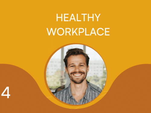 Mann mit lächelndem Gesicht in einem runden Rahmen, Titel "HEALTHY WORKPLACE" auf orangefarbenem Hintergrund.