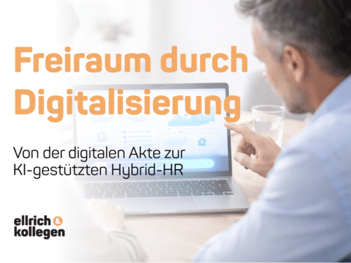 Mann betrachtet Laptop mit Grafiken, Text "Freiraum durch Digitalisierung" und Logo von "ellrich & kollegen".