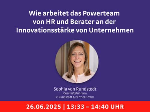 Titel und Informationen zu einer Veranstaltung über Innovationsstärke, mit einem Foto von Sophia von Rundstedt.