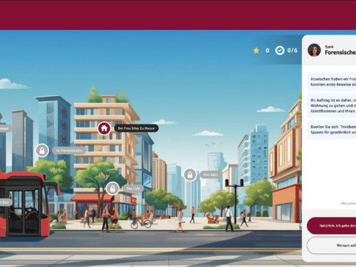 Städtische Szene mit einem Bus, Geschäften und einem interaktiven Phishing-Spiel auf der rechten Seite.
