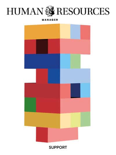 Cover HRM 02/2026 Bunte geometrische Formen übereinander gestapelt, mit dem Titel "HUMAN RESOURCES MANAGER" darüber.