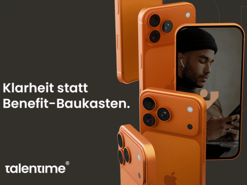 Orangefarbene Smartphones und Kopfhörer, daneben der Text: "Klarheit statt Benefit-Baukasten" von talentime.