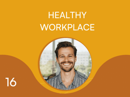 Mann mit lächelndem Gesicht in einem runden Bild, umgeben von einem orangefarbenen Hintergrund mit dem Text "HEALTHY WORK...