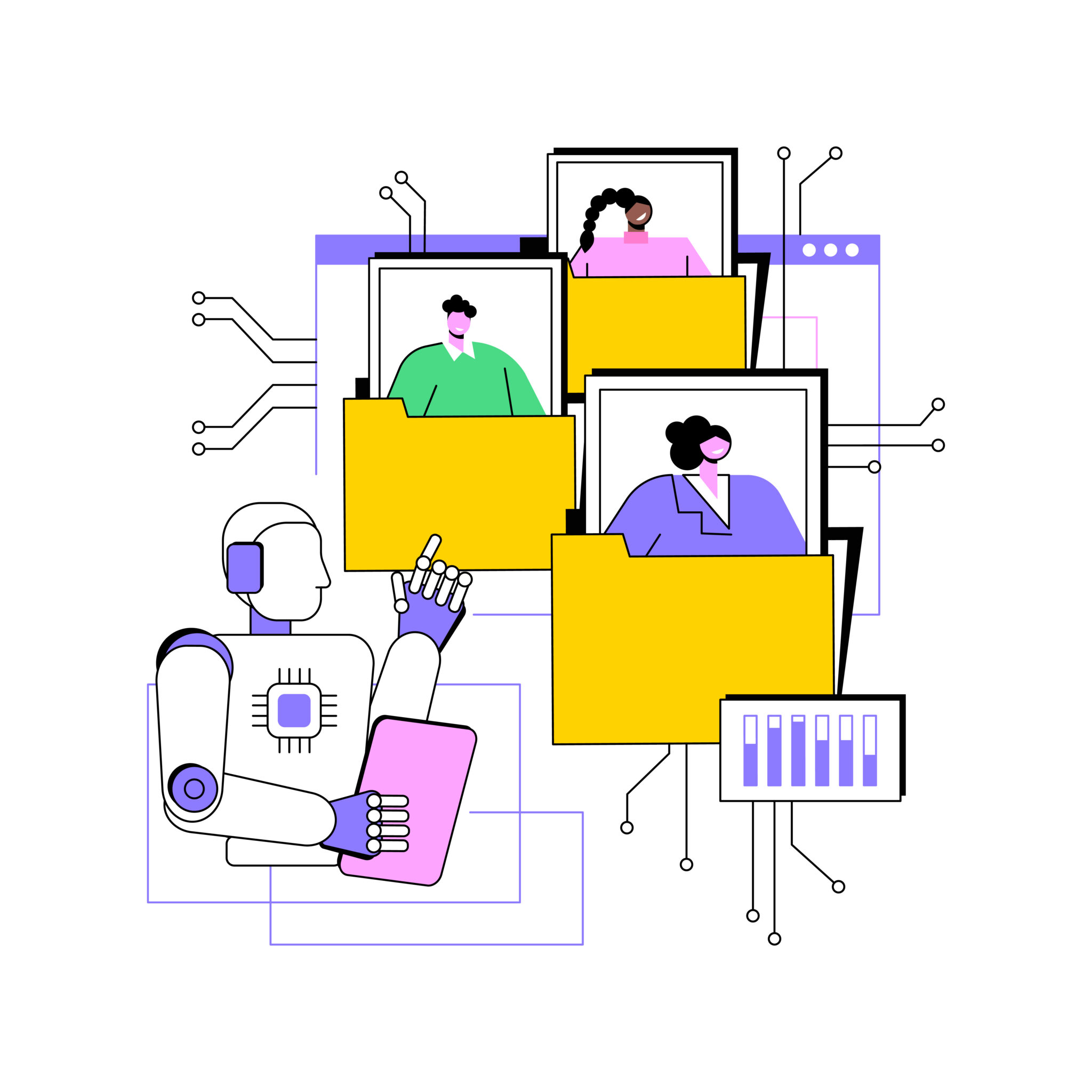 Illustration eines Roboters, der mit einem Tablet arbeitet, umgeben von Ordnern und Porträts von Menschen.