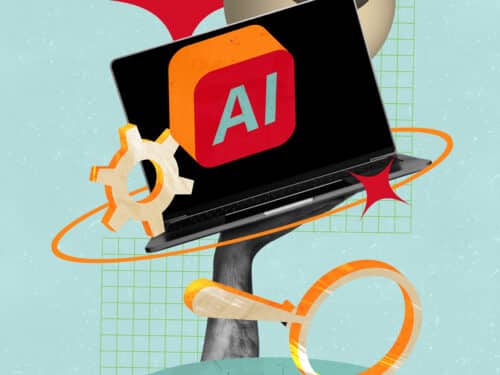 Pop-Art-Collage: Laptop mit "AI"-Logo, menschliche Hand, Lupe, Auge und Zahnräder auf pastellblauem Hintergrund.