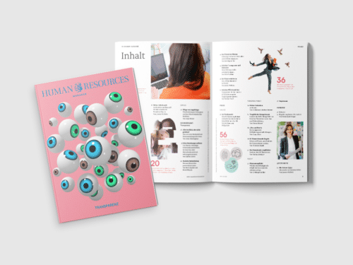 Mockup einer Zeitschrift mit dem Titel "Human Resources" und bunten Augen auf dem Cover, daneben eine offene Innenseite.