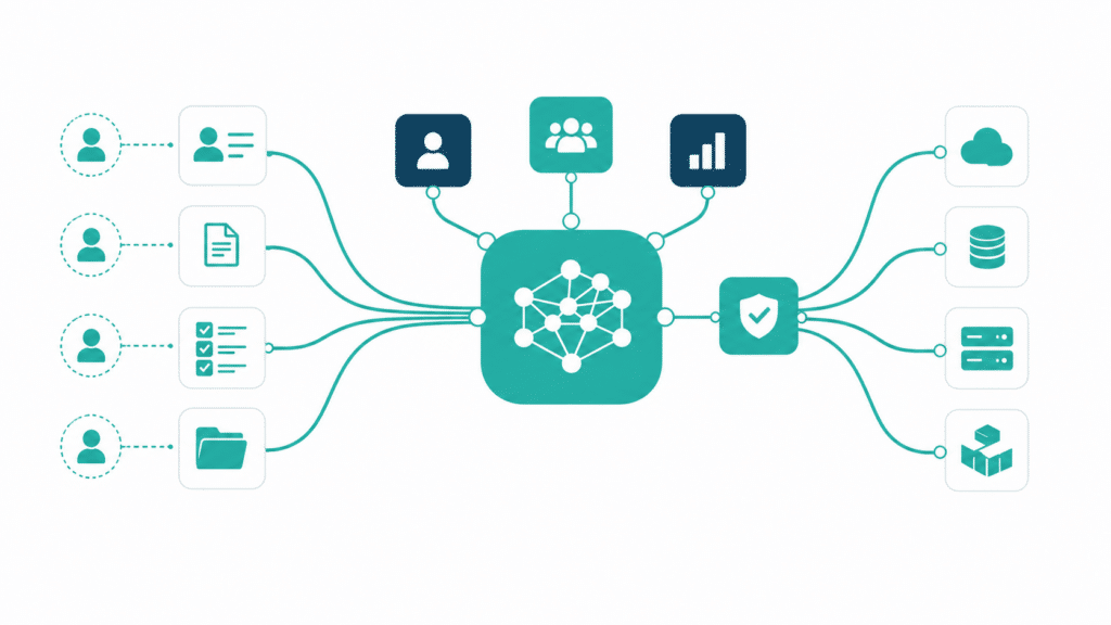 | Human Resources Manager Grafische Darstellung eines Netzwerks mit Verbindungen zwischen Benutzern, Daten und Cloud-Diensten.