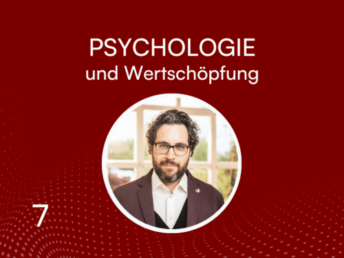 Banner mit rotem Hintergrund, Titel "Psychologie und Wertschöpfung", Bild eines Mannes mit Brille, Nummer 7 unten links.