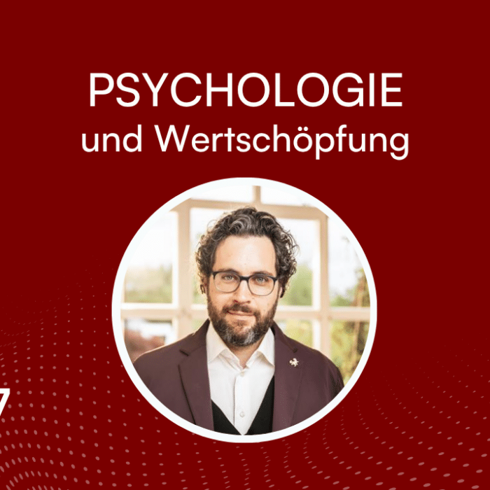 Banner mit rotem Hintergrund, Titel "Psychologie und Wertschöpfung", Bild eines Mannes mit Brille, Nummer 7 unten links.