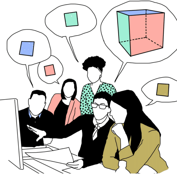 Fünf Personen diskutieren vor einem Computer, Gedankenblasen zeigen geometrische Formen.