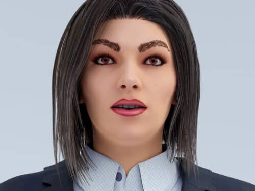 3D-Rendering einer Person mit langen, dunklen Haaren, neutralem Gesichtsausdruck und formeller Kleidung.