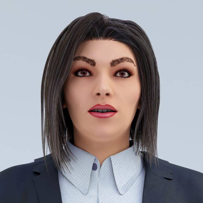 3D-Rendering einer Person mit langen, dunklen Haaren, neutralem Gesichtsausdruck und formeller Kleidung.