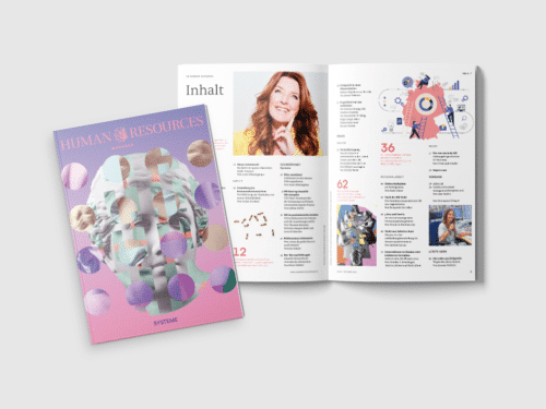 Mockup einer HRM-Systeme-Broschüre mit einer stilisierten Kopfillustration und Inhalten auf der Innenseite.