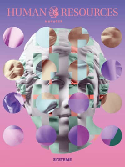 HRM Systeme Cover Cover mit einer Skulptur, überlagert von bunten geometrischen Formen auf einem Farbverlauf-Hintergrund.