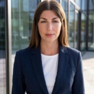 Porträt einer Frau mit langen, braunen Haaren, in einem blauen Blazer, vor einem modernen Gebäude mit Glasfassade.