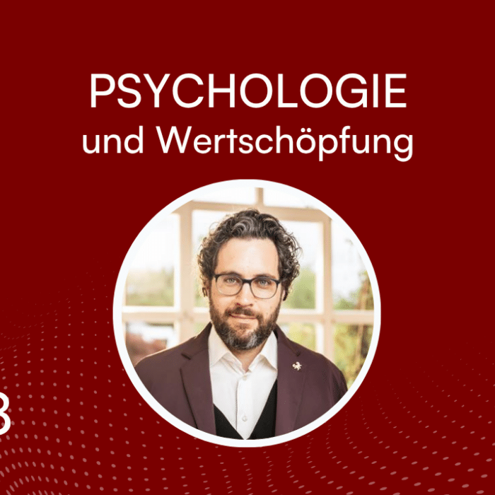 Banner mit rotem Hintergrund, Titel "PSYCHOLOGIE und Wertschöpfung", Bild eines Mannes in einem runden Rahmen.