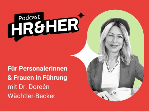 Frau mit blonden Haaren und Hut, lächelnd, vor grünem Hintergrund, Podcast-Logo und Titel für Frauen in Führung.