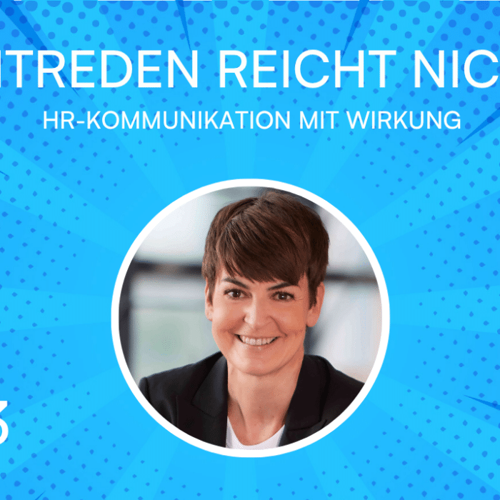 Blauer Hintergrund mit Punkten, Titel "MITREDEN REICHT NICHT", Bild einer Person in einem Kreis, Nummer 3 unten.